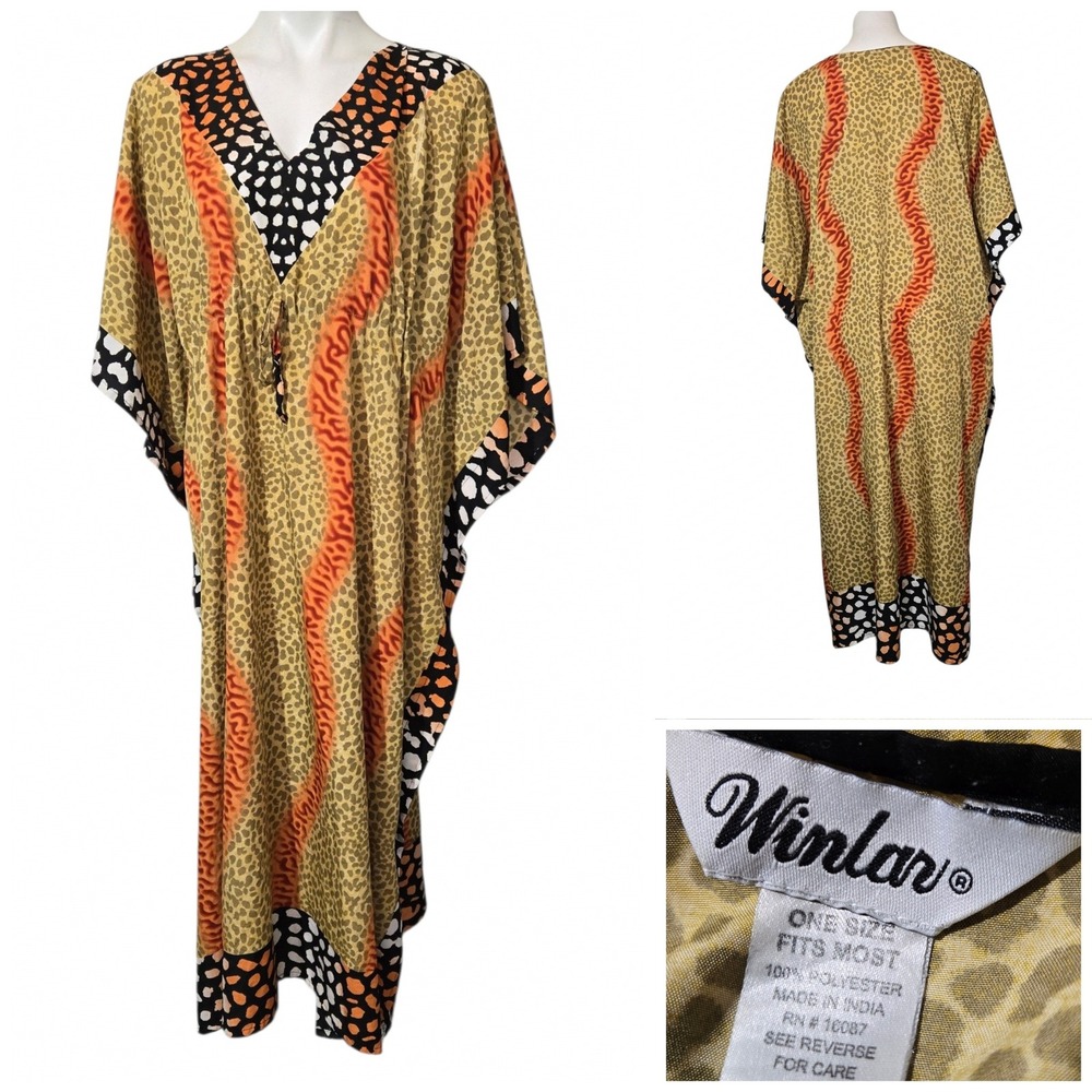 Winlar Animal Print Kaftan Maxi Dress V-Neck Drawstring Waist One Size Yellow